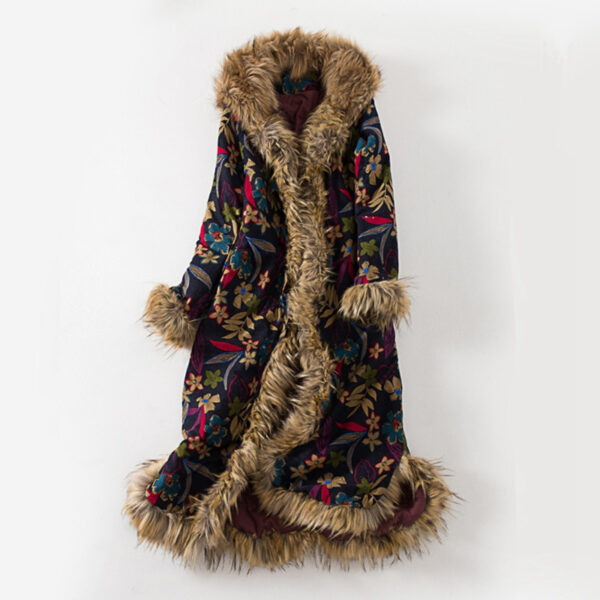 Women's Ethnic Style Cotton Linen Literary Over-the-Knee Fur Collar Hooded Padded Jacket - Image 4
