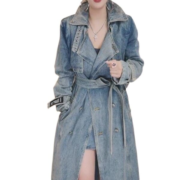 Personality Retro Long Denim Trench Coat - Image 6