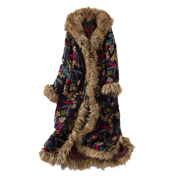 Women's Ethnic Style Cotton Linen Literary Over-the-Knee Fur Collar Hooded Padded Jacket - Image 2