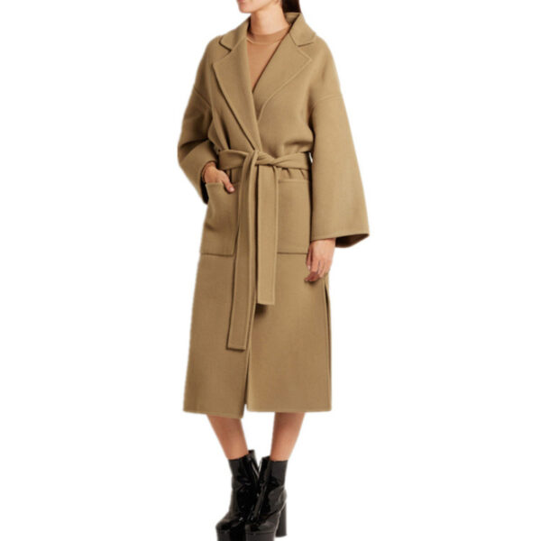 Retro Simple Lapel Lace-Up Slim-Fit Cashmere Coat Long Side Slit Woolen Coat - Image 4