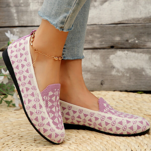 Printed Round Toe Flat Shoes Fashion Casual Hollow Breathable Knitted Shoes Loafers For Women - Image 4