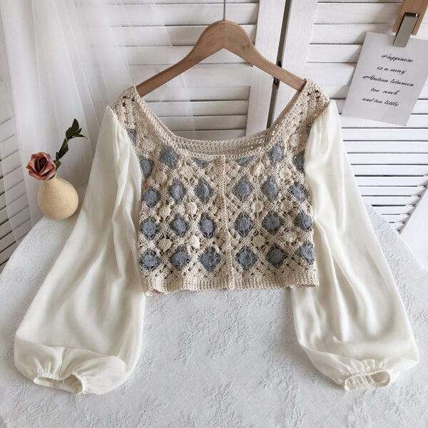 Design Chiffon Lantern Sleeve Loose Short Shirt Top - Image 2