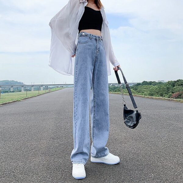 Women's Adjustable Waist Jeans High Waist Straight Pants Loose - Image 2