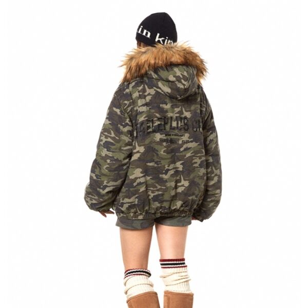 American Retro Heavy Big Fur Collar Hooded Camouflage Cotton Jacket - Image 5