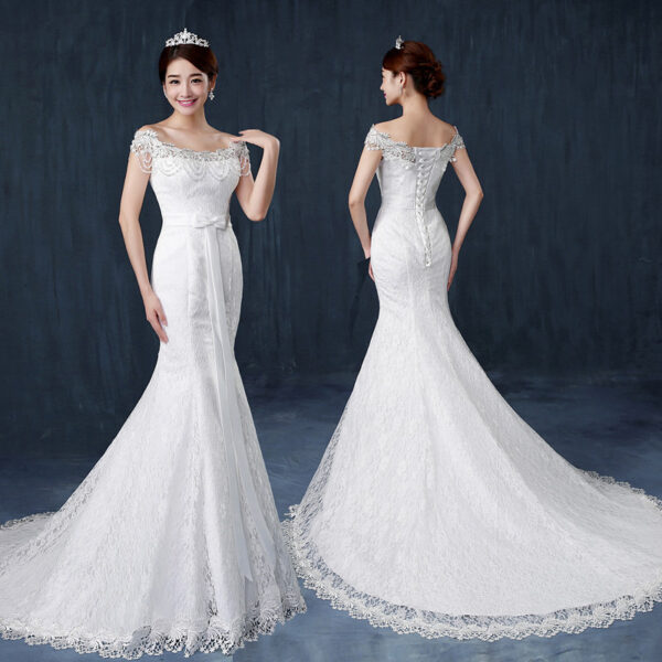 Fishtail wedding bride wedding dress one word shoulder slim slimming small trailing studio wedding dress - Image 6