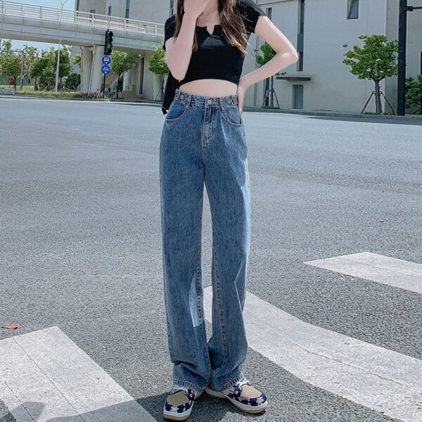 Women's Adjustable Waist Jeans High Waist Straight Pants Loose - Image 8