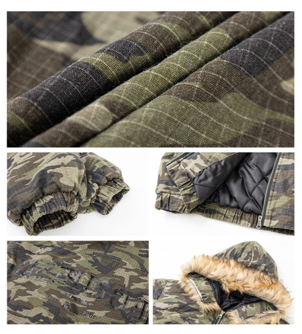 American Retro Heavy Big Fur Collar Hooded Camouflage Cotton Jacket - Image 3