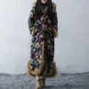 Women's Ethnic Style Cotton Linen Literary Over-the-Knee Fur Collar Hooded Padded Jacket