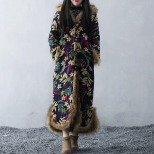 Women's Ethnic Style Cotton Linen Literary Over-the-Knee Fur Collar Hooded Padded Jacket