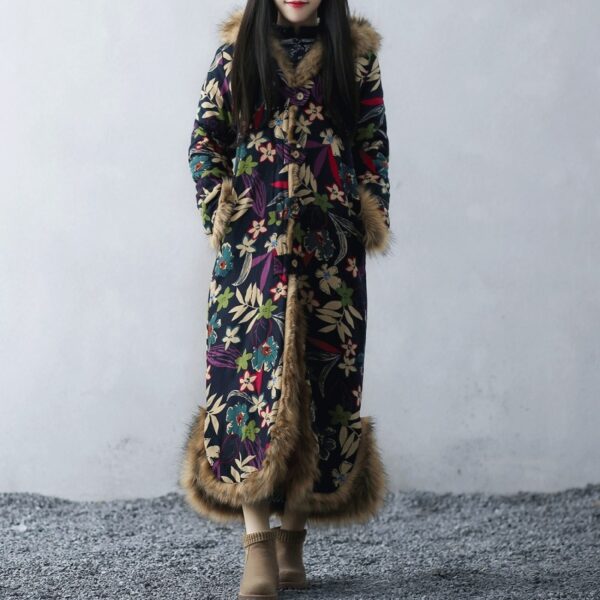 Women's Ethnic Style Cotton Linen Literary Over-the-Knee Fur Collar Hooded Padded Jacket