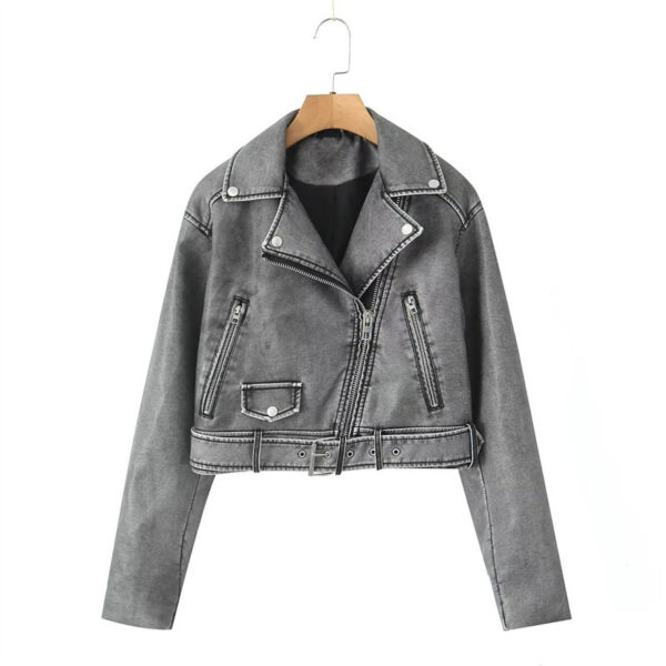 Women's Washed Leather Worn Motorcycle Leisure Jacket Leather Coat - Image 3