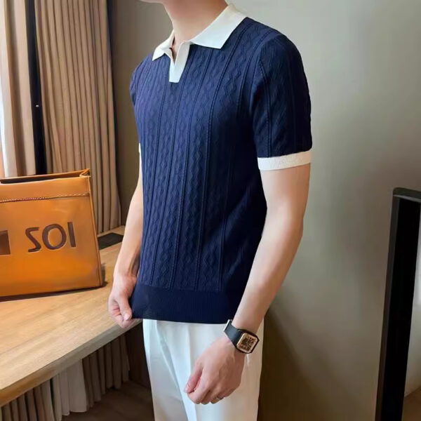 Trendy Men's Polo Shirt V Lapel Stretch Jacquard Texture Slim-fit Short-sleeved Knitted Top - Image 5