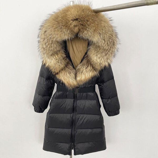 Women's Long Cinched Hoodie Real Fox Fur Collar Coat - Image 9