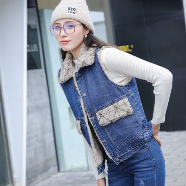 Women's Casual Plaid Plush Denim Cotton Vest - Image 5
