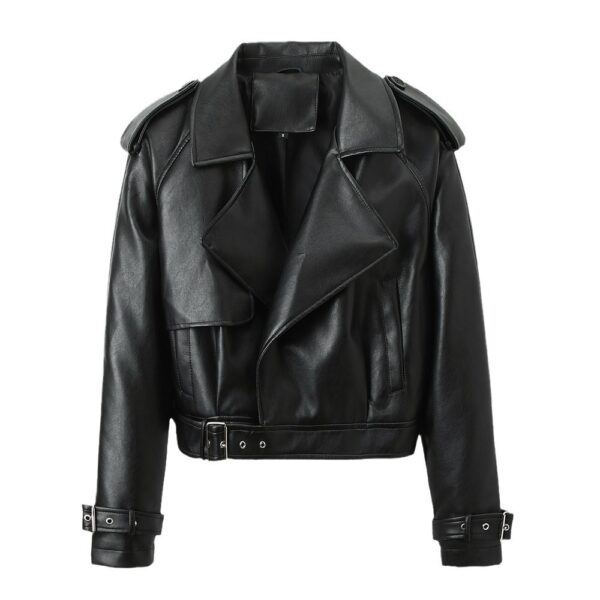 Women's Solid Color Casual Loose Fit Leather Jacket - Image 5