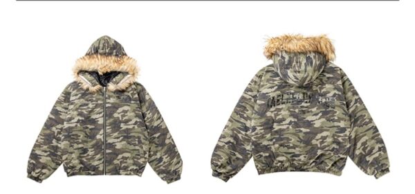 American Retro Heavy Big Fur Collar Hooded Camouflage Cotton Jacket - Image 7