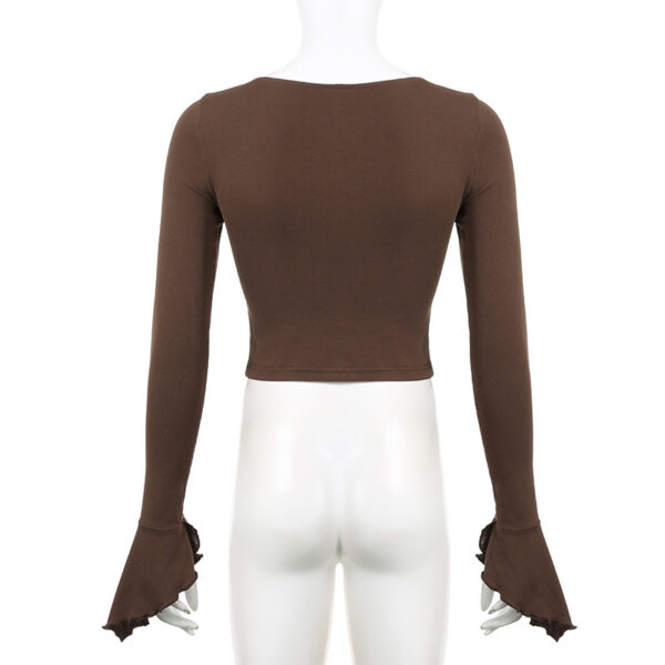 Vintage Lace Stitching Lace-up Waist-controlled Square Collar Basic All-matching Bell Sleeve Outer Wear Short Top - Image 4