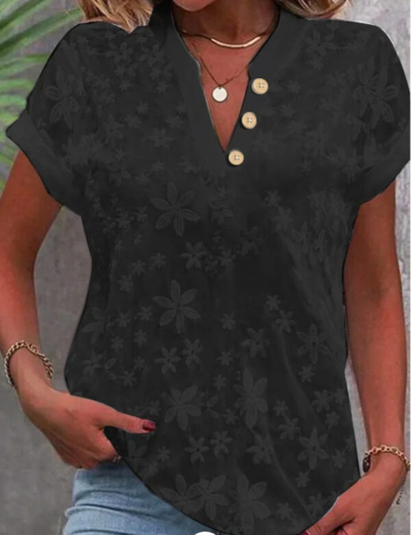 Women's Embroidered V-neck Short Sleeve Button Shirt - Image 6