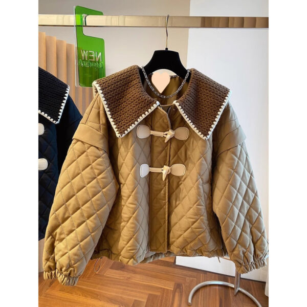 Women's High Angle Button Loose Knit Spliced Cotton Jacket - Image 3