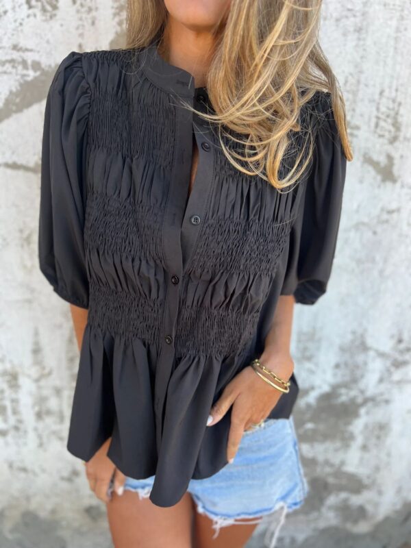 Pleated Button Short-sleeved T-shirt Casual Fashion Loose Solid Color Round Neck Shirt Summer Tops Women's Clothing - Image 8