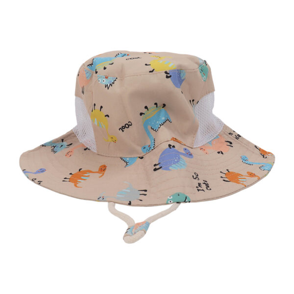 Baby Fisherman Hat Breathable Cartoon Printed Infant Sun Protection Hat with Windproof Rope for 6 Months to 3 Years Old Khaki Dinosaur - Image 2