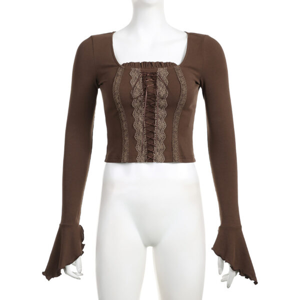 Vintage Lace Stitching Lace-up Waist-controlled Square Collar Basic All-matching Bell Sleeve Outer Wear Short Top - Image 6