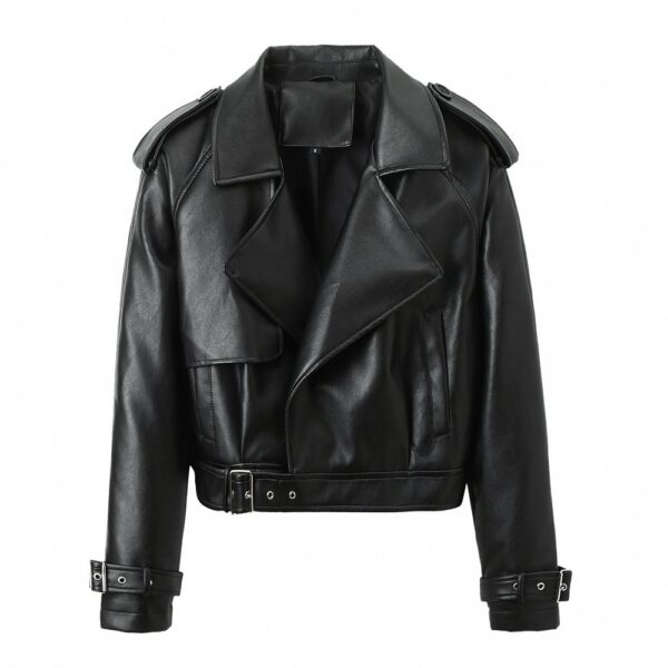 Women's Solid Color Casual Loose Fit Leather Jacket - Image 4