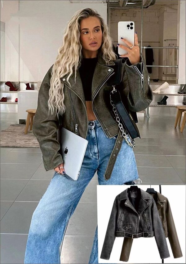 Women's Washed Leather Worn Motorcycle Leisure Jacket Leather Coat - Image 6