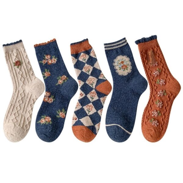 Vintage Small Flower Wool Socks Fleece Lined Padded Warm Keeping Tube Socks - Image 8
