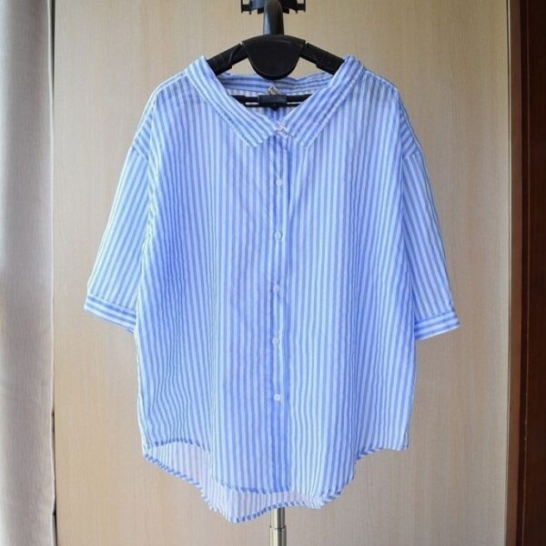 Women's Fashion Casual V-neck Half Sleeve Vertical Striped Shirt - Image 6