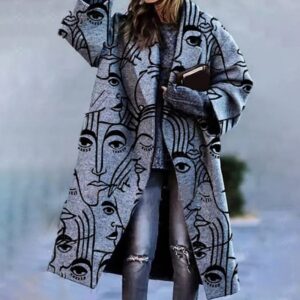 Colorblock Checked Long Sleeve Lapel Printed Jacket Wool Coat