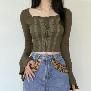 Vintage Lace Stitching Lace-up Waist-controlled Square Collar Basic All-matching Bell Sleeve Outer Wear Short Top