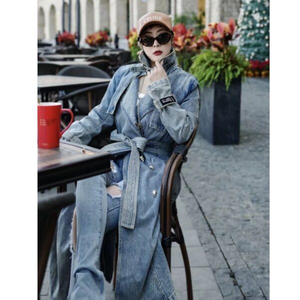 Personality Retro Long Denim Trench Coat - Image 4