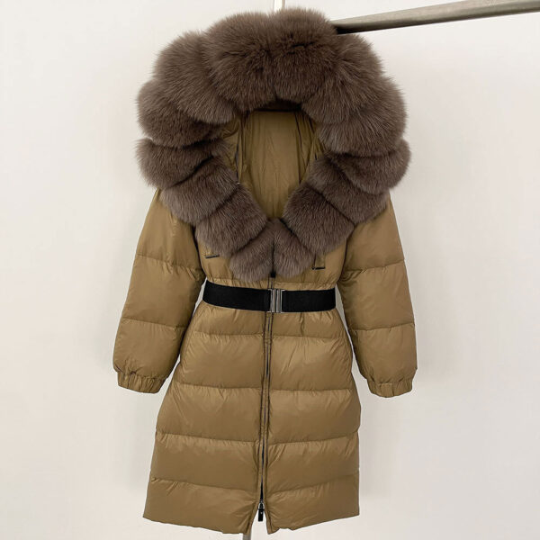 Women's Long Cinched Hoodie Real Fox Fur Collar Coat - Image 4