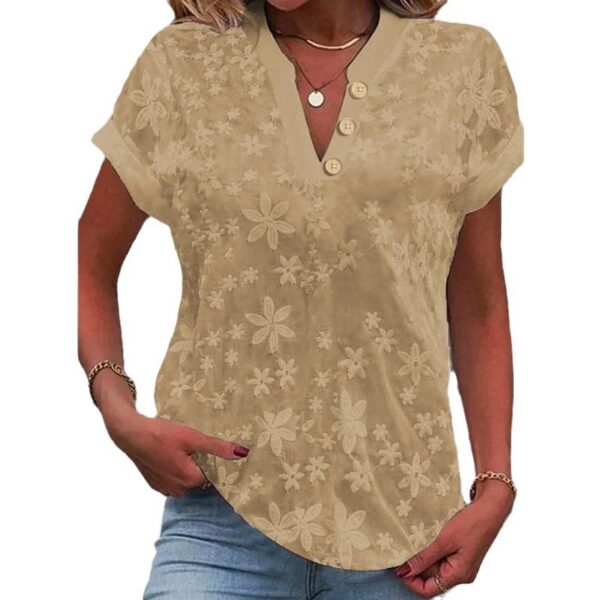 Women's Embroidered V-neck Short Sleeve Button Shirt - Image 7