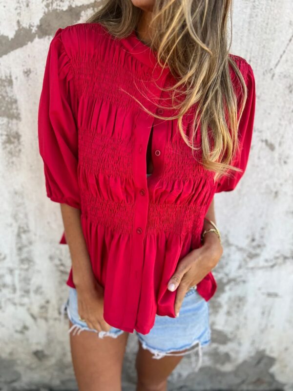 Pleated Button Short-sleeved T-shirt Casual Fashion Loose Solid Color Round Neck Shirt Summer Tops Women's Clothing - Image 7