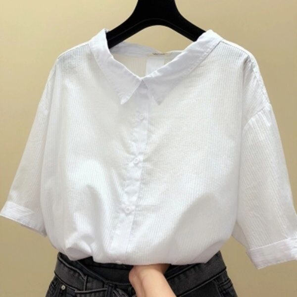 Women's Fashion Casual V-neck Half Sleeve Vertical Striped Shirt - Image 2