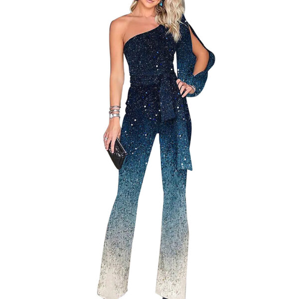 Women's Gradient Print Diagonal Neck Long Sleeve One Piece Wide Leg Pants - Image 3