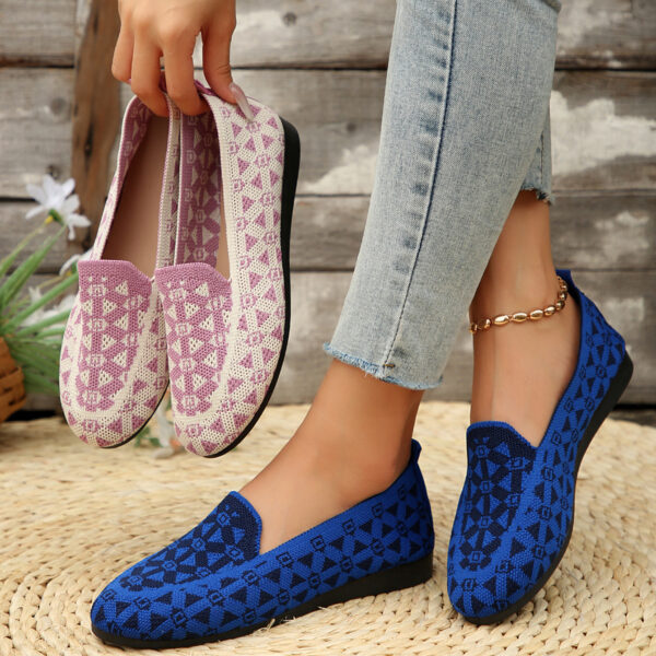 Printed Round Toe Flat Shoes Fashion Casual Hollow Breathable Knitted Shoes Loafers For Women - Image 2