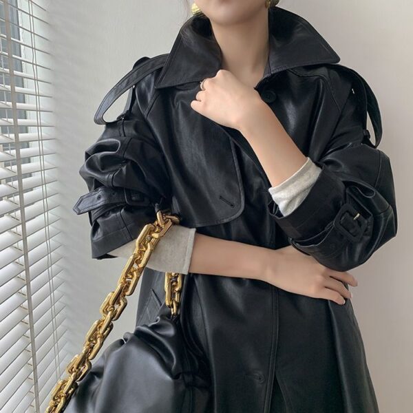 Retro Women's Mid-length Waist Slimming Pu Coat - Image 2