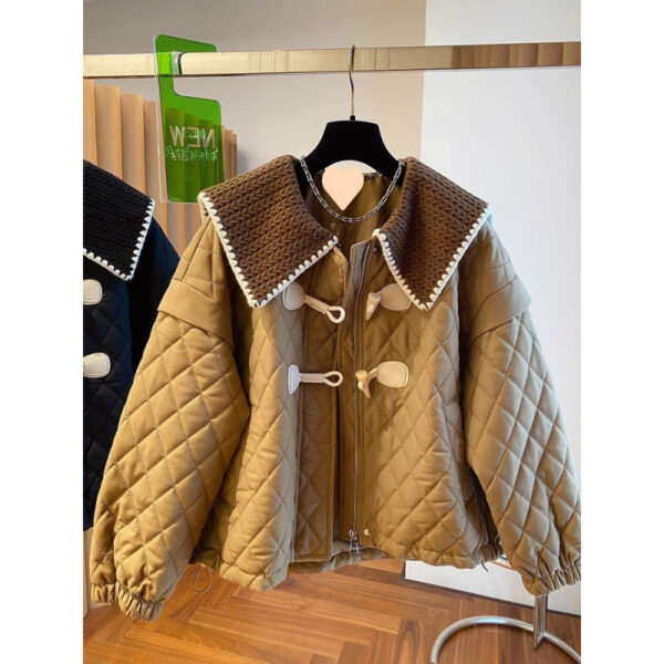 Women's High Angle Button Loose Knit Spliced Cotton Jacket - Image 2