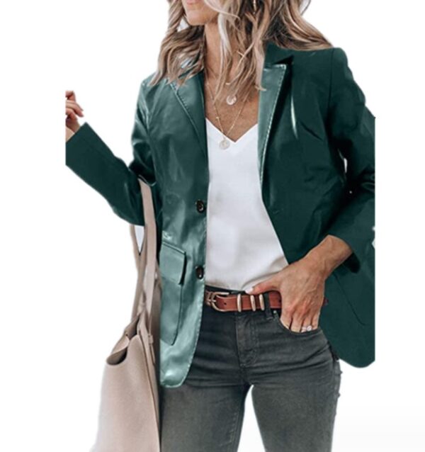 Lapel Single Breasted Solid Color PU Leather Women's Coat - Image 2