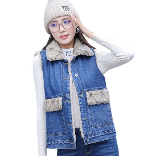 Women's Casual Plaid Plush Denim Cotton Vest - Image 2