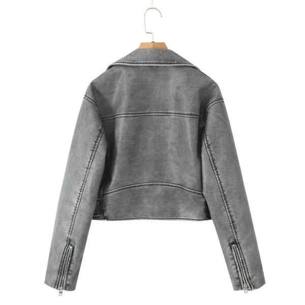 Women's Washed Leather Worn Motorcycle Leisure Jacket Leather Coat - Image 5