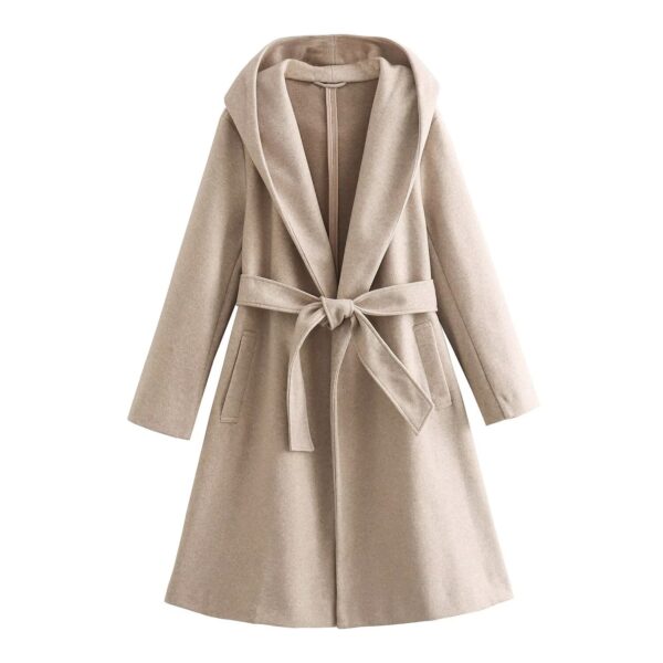 Women's Lace-up Waist Elegant Hooded Woolen Coat - Image 5