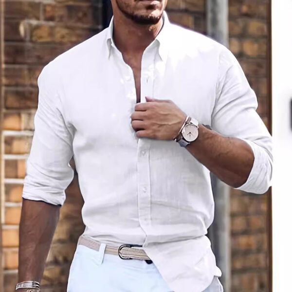 Cotton Linen Long Sleeve Shirt Solid Color Polo Collar Casual Style Shirt - Image 4