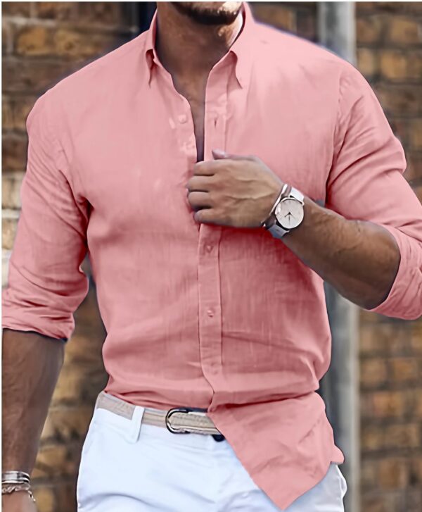 Cotton Linen Long Sleeve Shirt Solid Color Polo Collar Casual Style Shirt - Image 9
