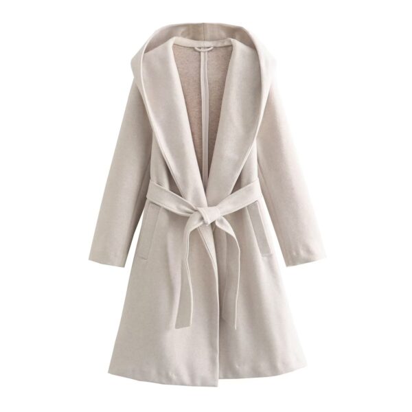 Women's Lace-up Waist Elegant Hooded Woolen Coat - Image 9