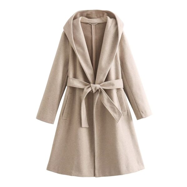 Women's Lace-up Waist Elegant Hooded Woolen Coat - Image 6