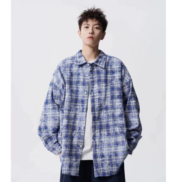Retro Patchwork Contrast Color Tie-dyed Lazy Plaid Loose Leisure College Style Lapel Long Sleeve Shirt - Image 2